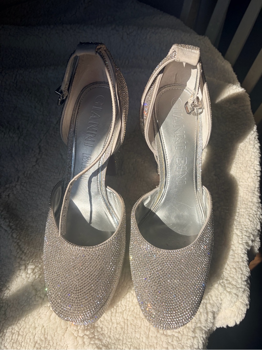 Gianni Bini Silver Crystal Embellished Ankle-Strap Heels